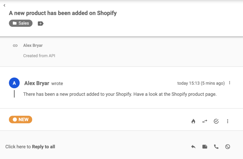 Nový tiket odeslaný ze služby Shopify po vytvoření produktu