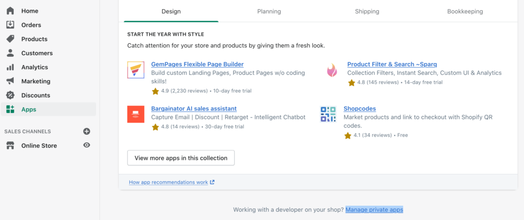 Správa soukromých aplikací v dolní části sekce Aplikace Shopify