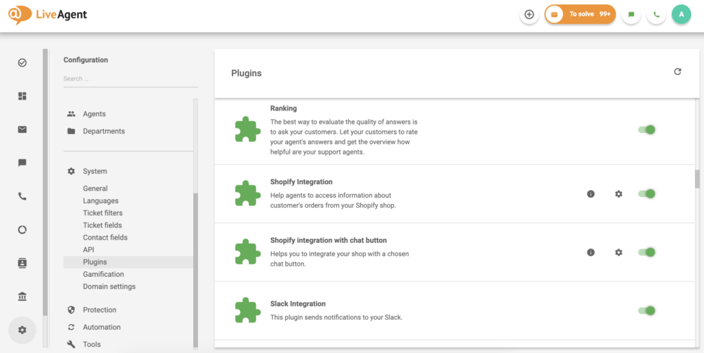 Integrace Shopify v seznamu pluginů LiveAgent
