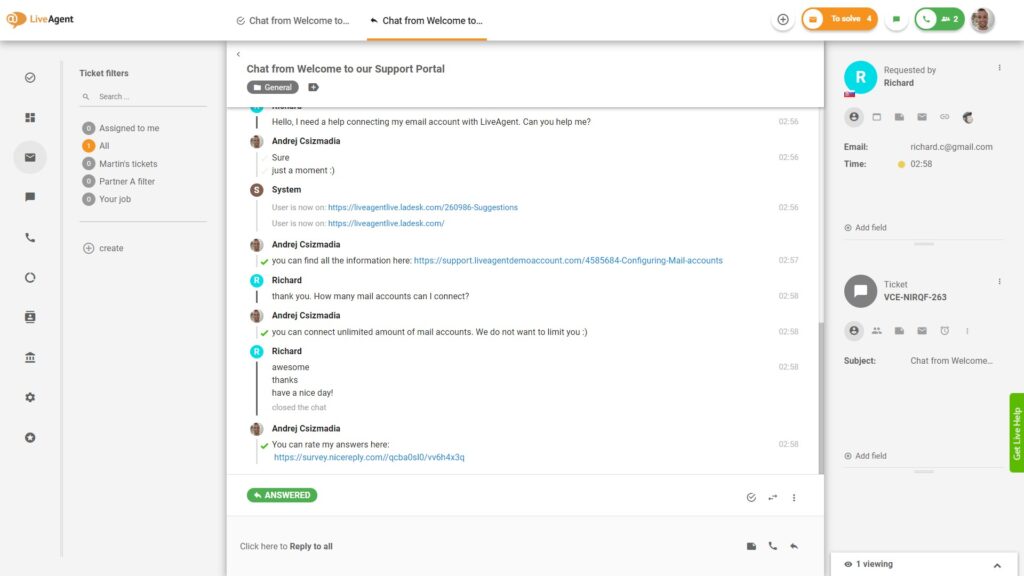 Příklad hybridního toku tiketů v aplikaci LiveAgent