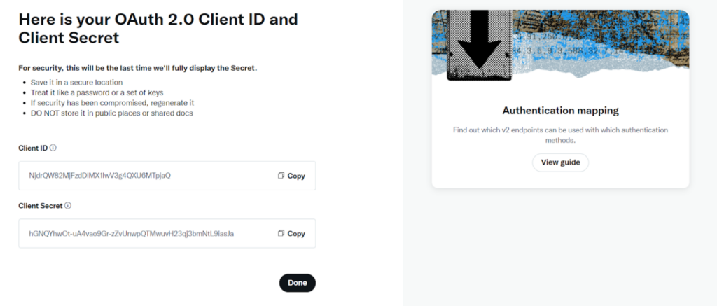 Obrázek ukazuje, kde na vývojářském portálu Twitter (X) najdete pověření Client ID (ID klienta) a Client Secret (Tajemství klienta).